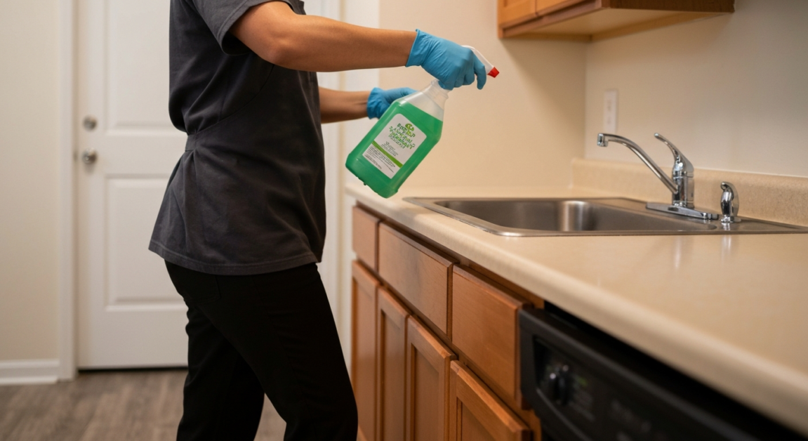 Professional cleaner disinfecting a kitchen counter in an Orlando apartment.