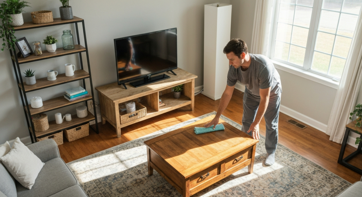 Orlando home living room showcasing tidying versus cleaning distinction with a professional cleaner dusting a table.