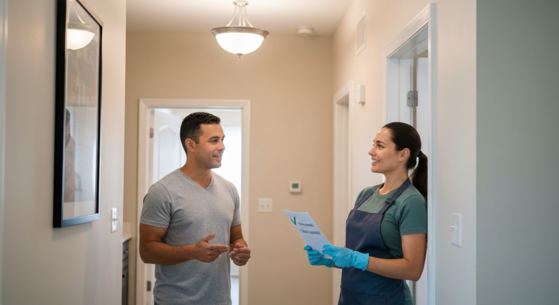 Orlando homeowner and professional cleaner discussing tasks in a hallway, symbolizing communication.