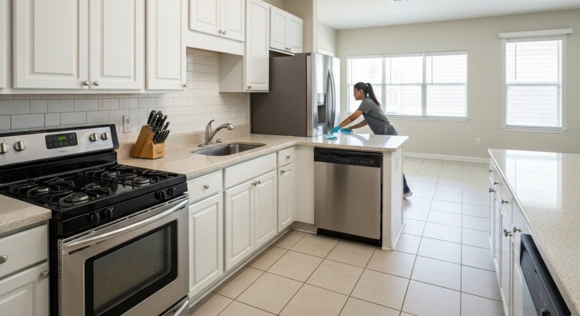Spotless Orlando kitchen after professional deep cleaning with a cleaner wiping surfaces.