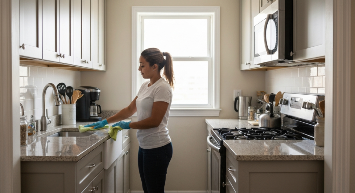 Professional cleaner wiping Orlando kitchen countertops to prioritize high-traffic areas in limited time.