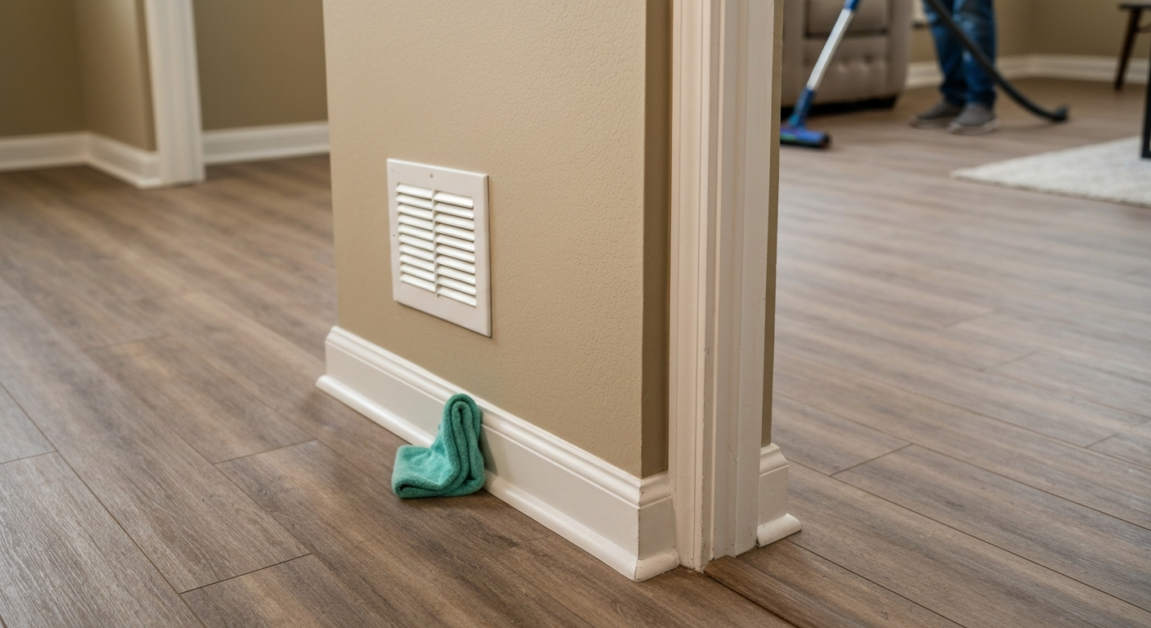Orlando living room with clean baseboards, vents, and dust-free corners showing effective cleaning strategies.