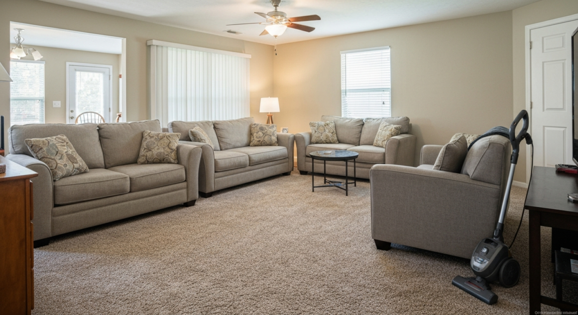 Guest-ready Orlando living room with vacuumed carpet and tidy furniture after a priority clean.