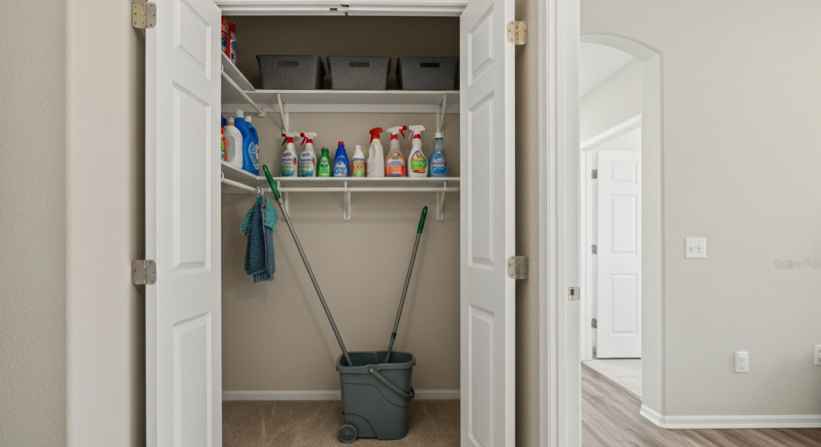 Organized cleaning supplies in an Orlando home's closet, ensuring readiness for efficient cleaning.