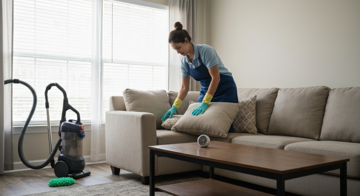 Professional cleaner applying the 20-minute rule in an Orlando living room, arranging cushions and tidying up.