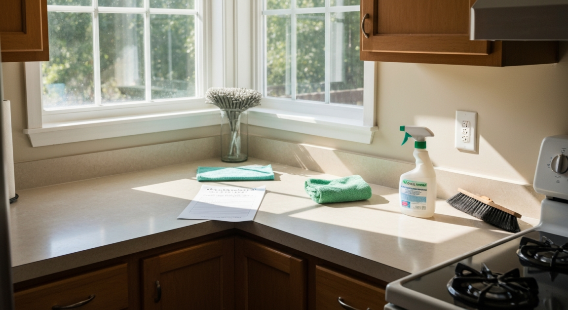 Essential cleaning tools and a checklist in an Orlando kitchen, illustrating organized cleaning methods.