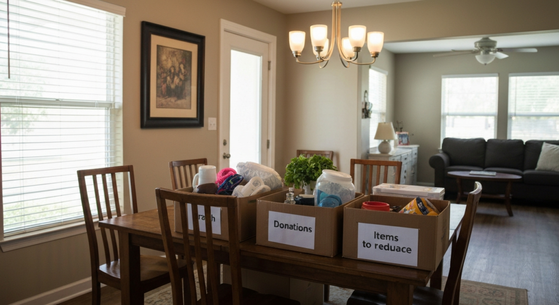 Three clutter sorting boxes in an Orlando home demonstrating the 12-12-12 rule for efficient decluttering before cleaning.