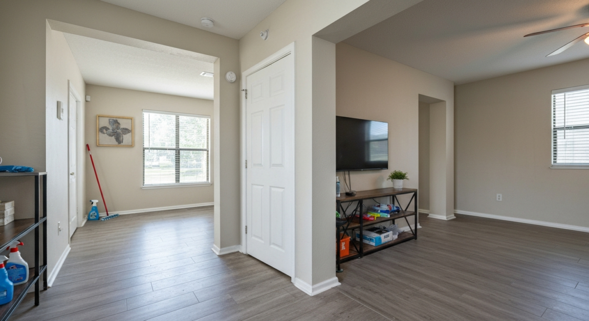 Organized living room in an Orlando apartment, showing the benefits of decluttering for faster and more efficient cleaning services.