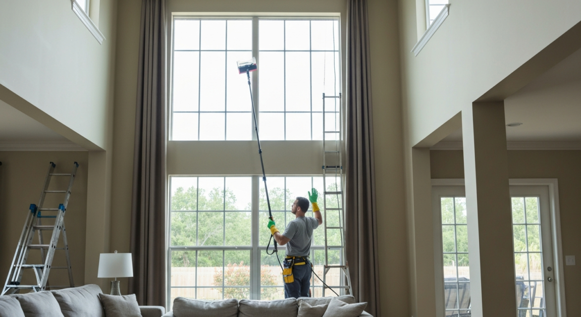 Orlando home interior with large windows, professional cleaner using a telescopic tool, no ladders, safety focus