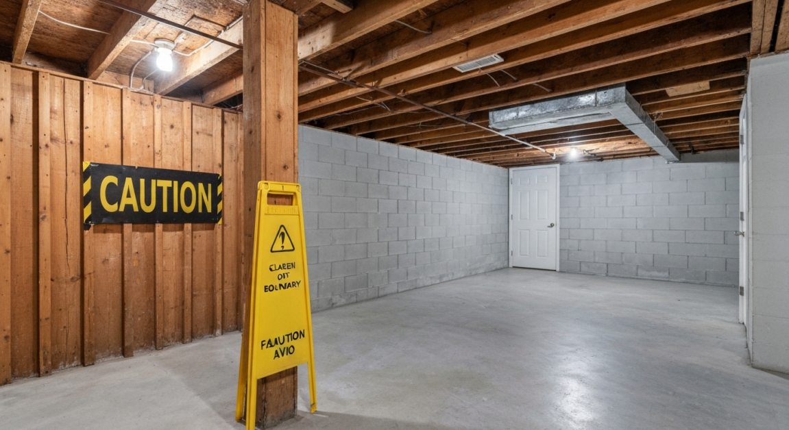 Orlando rental property basement corner marked for restricted access due to biohazards, focus on safety