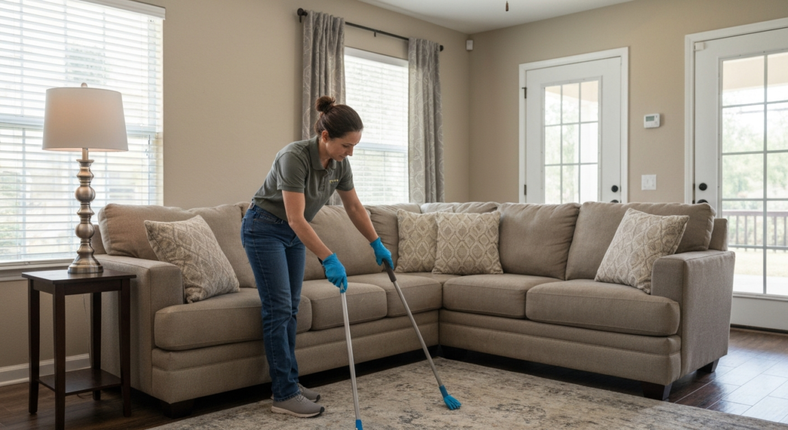 Orlando living room with heavy couch, professional cleaner inspecting, focus on non-lifting cleaning