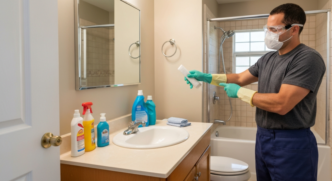 Person wearing gloves, mask, and goggles preparing to clean an Orlando bathroom.