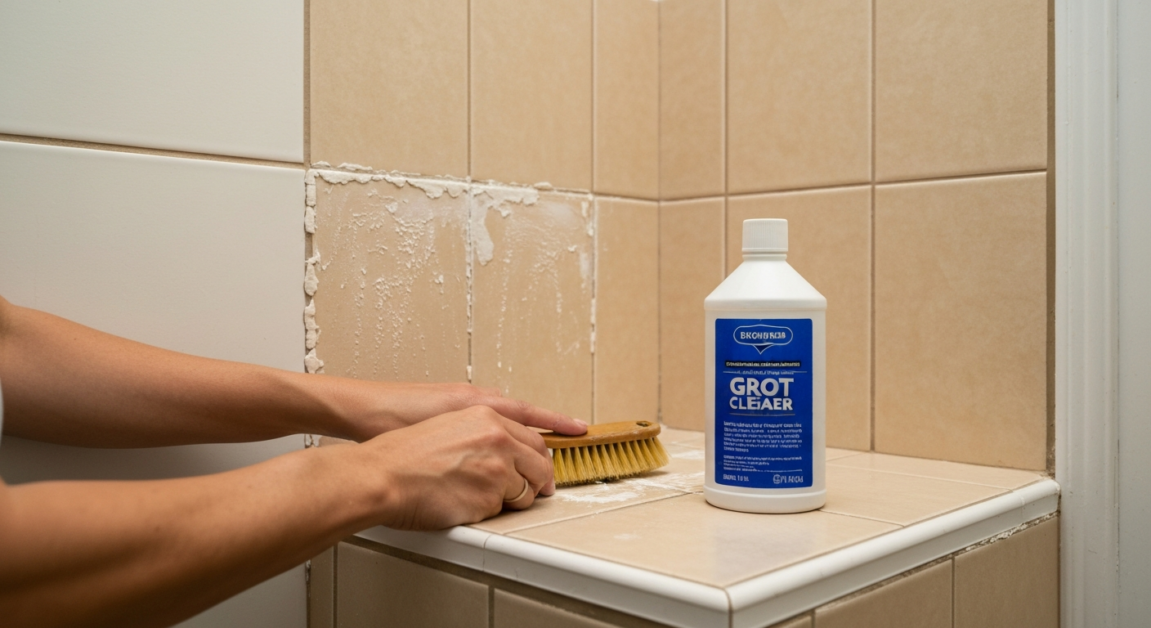 Hands using a scrub brush to clean bathroom tile grout in Orlando.