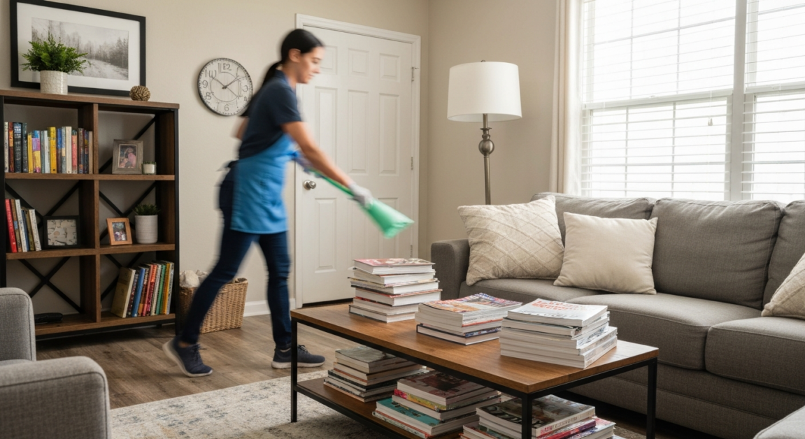 Professional cleaner organizing a cluttered living room in an Orlando home, emphasizing prioritization of visible areas for guests.
