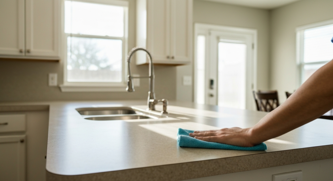 Orlando kitchen counter being wiped with a microfiber cloth, demonstrating effective quick cleaning habits