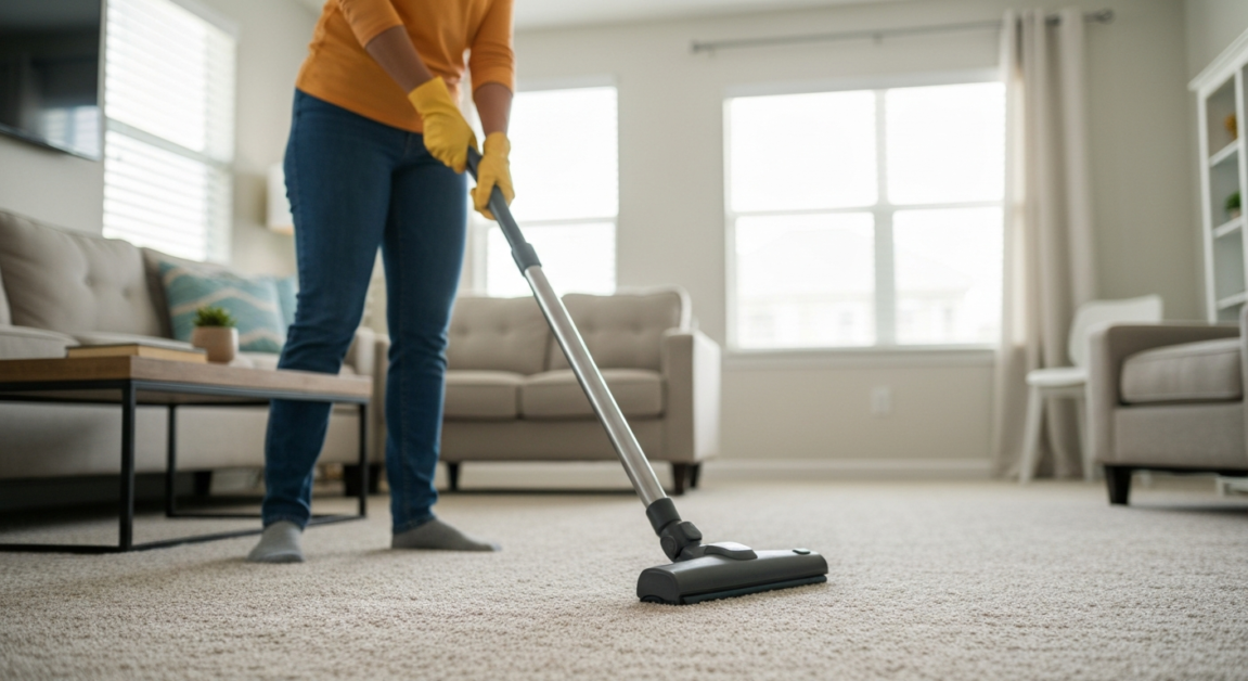 Professional cleaner vacuuming a carpet in an Orlando apartment, illustrating weekly deep cleaning routines