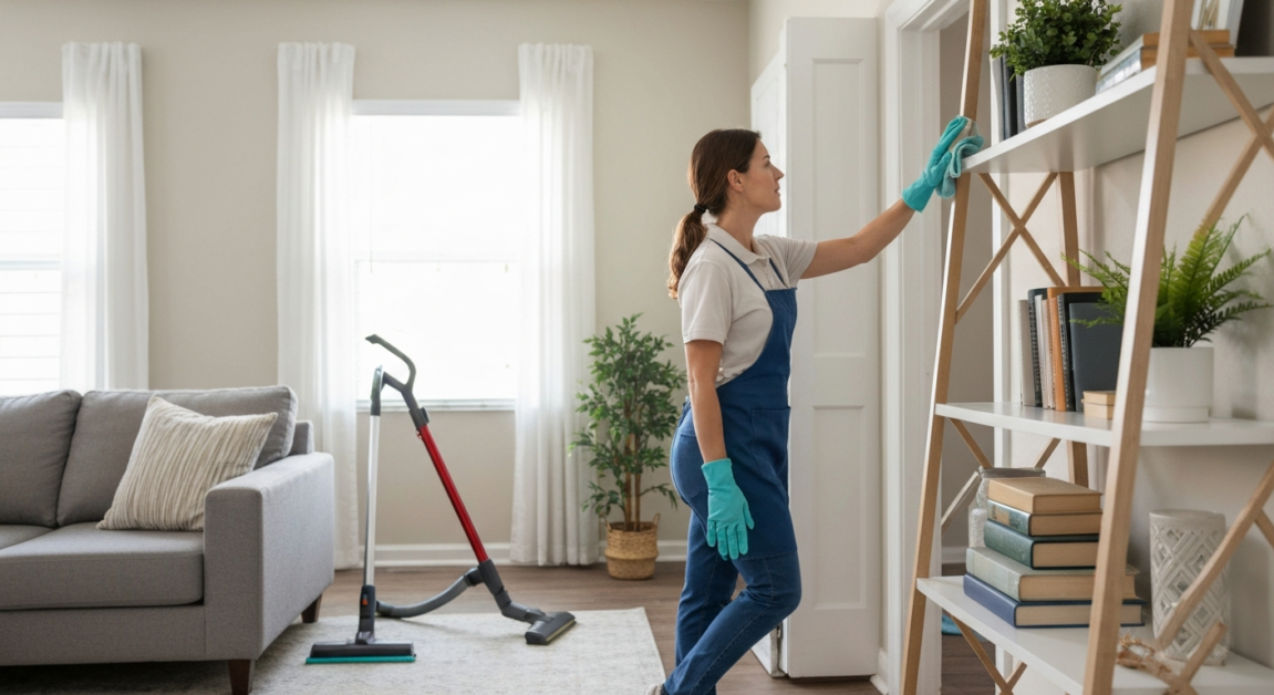 Cleaner dusting a shelf in an Orlando living room before vacuuming, illustrating proper cleaning order for efficiency